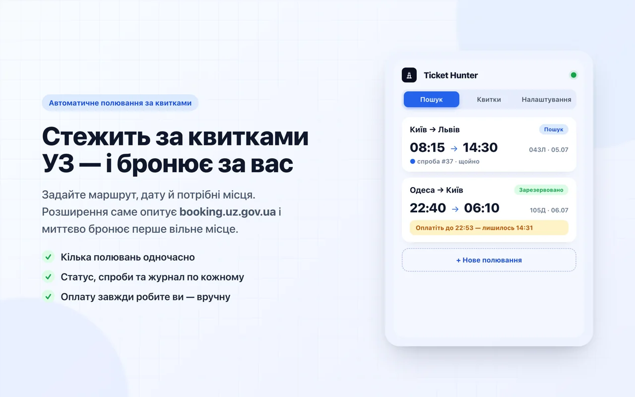 Попап розширення УЗ Ticket Hunter зі списком активних пошуків квитків